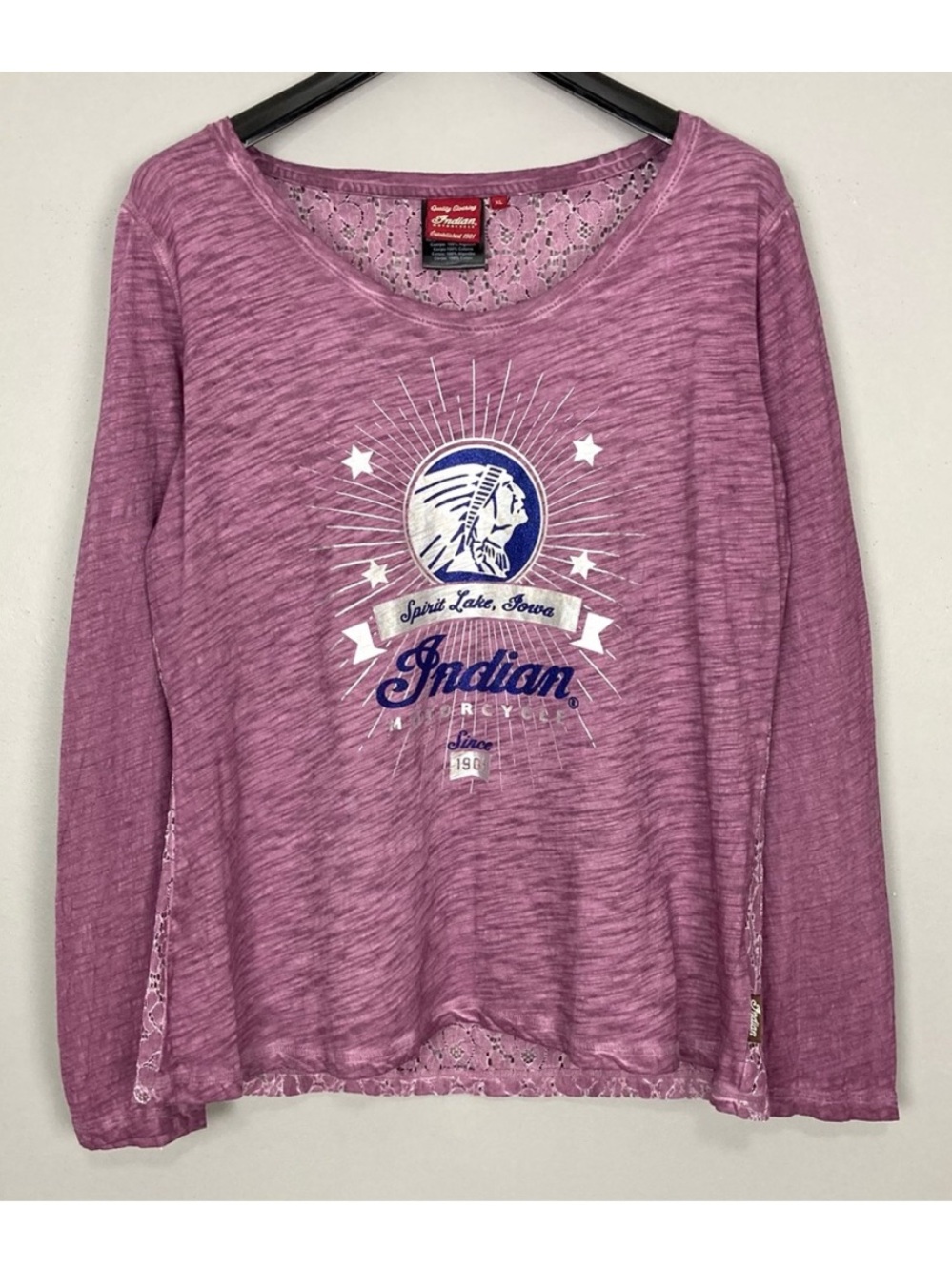 Indian Motorcycles Burnout Long Sleeve Tee Women’s Size XLLace Back Logo Knit